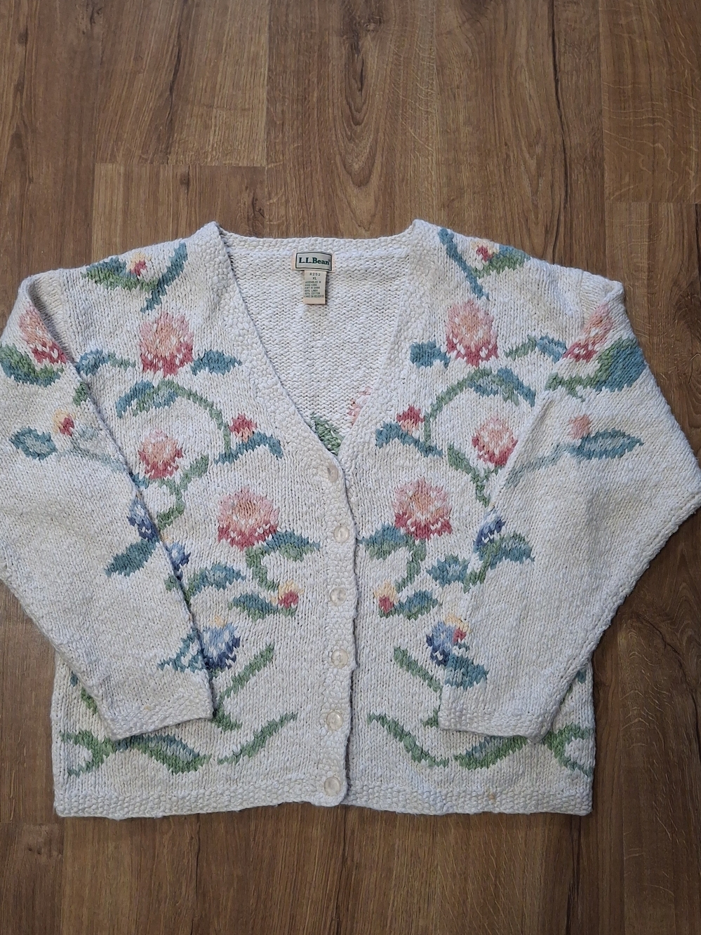 Vintage Y2k L.L. Bean Cream Floral V-Neck Button Front Cardigan Sz XL Cottagecor